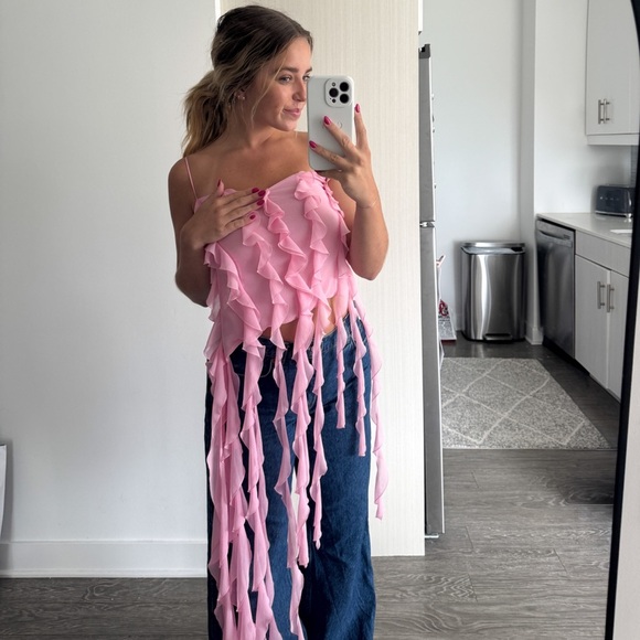 MACH & MACH Asymmetrical Ruffle Pink Top 4 - Picture 2 of 9